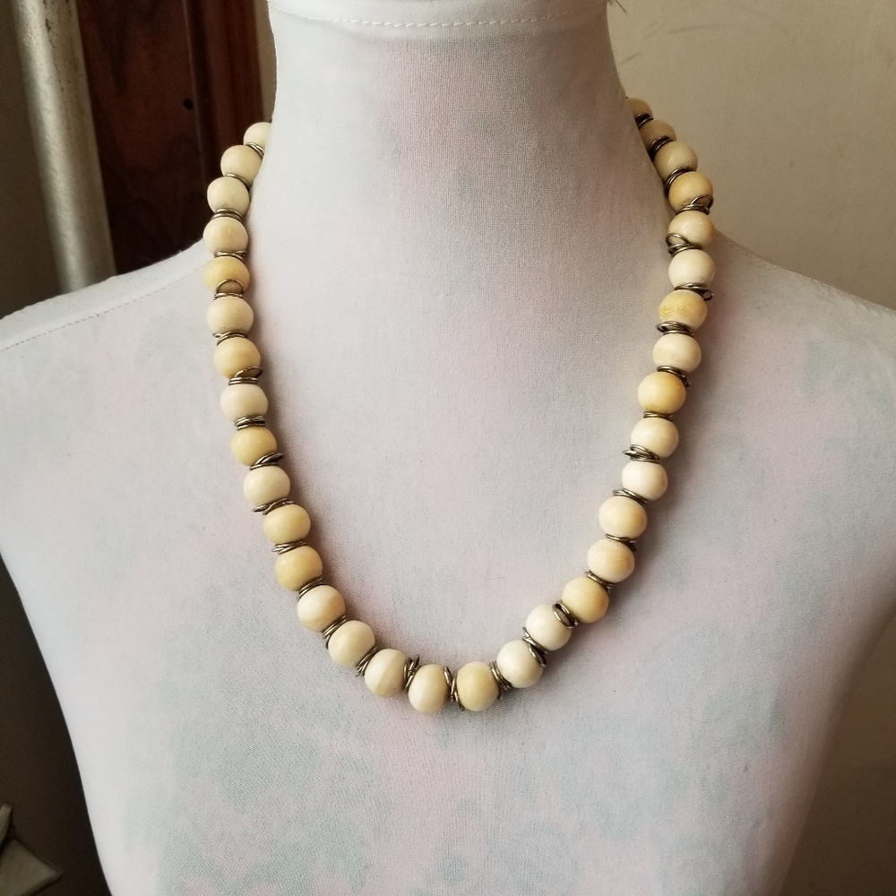 Vintage carved bone necklace bead silver tone boho tribal silver tone